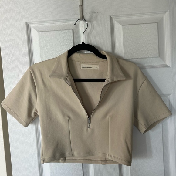 Oak and Fort Cropped zip cream beige natural polo size M STONE  Crop top - Picture 8 of 8